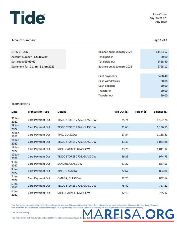 Realistic United Kingdom Tide bank statement word real example